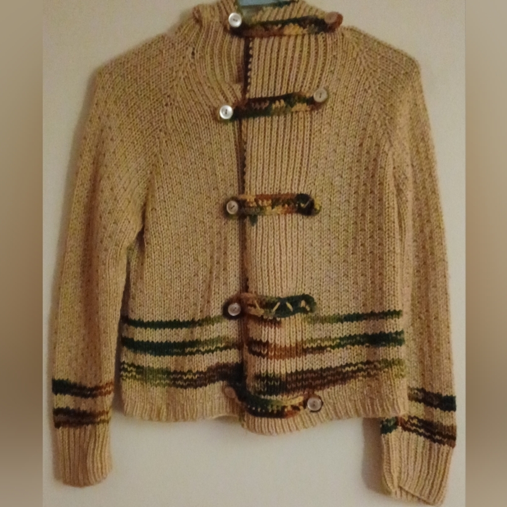 Handmade Knitted Boys Size 7/8 Tan and Green Hooded Sweater.